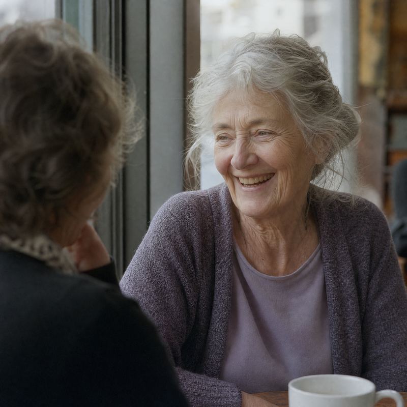 Two older friends laughing over coffee at a cafe table