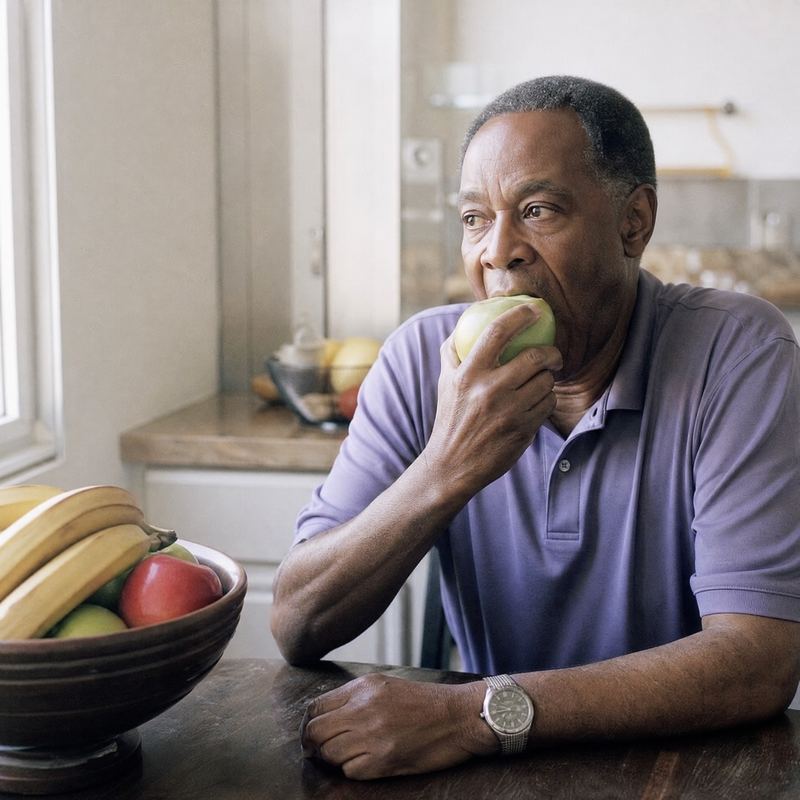 An older man biting into an apple at his kitchen table